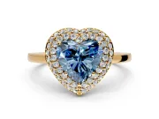 Halo Engagement Ring Setting for Fancy Blue Heart-Shaped Center with Plain Tapered Band and Prong Head in Yellow Gold