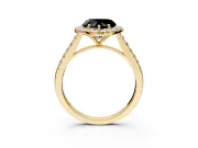 Halo Engagement Ring Setting for Fancy Black Heart-Shaped Center with Narrowing Pave Band and Prong Head in Yellow Gold