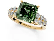 Cluster Engagement Ring Setting for Fancy Green Asscher Cut Center with 2-Row Shoulder Clusters and Prong Head in Yellow Gold