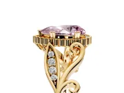 Halo Engagement Ring Setting for Fancy Pink Pear-Shaped Center with Leaf Motif Split Shank and Prong Head in Yellow Gold