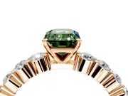 Shared-Prong Engagement Ring Setting for Fancy Green Emerald Cut Center with Graduated Accents and Prong Head in Rose Gold