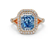 Double Halo Engagement Ring Setting for Fancy Blue Radiant Cut Center with Narrow Pave Split Shank and Prong Head in Rose Gold