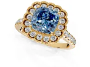 Milgrain Floral Halo Engagement Ring Setting for Fancy Blue Cushion Cut Center with Pave Band and Prong Head in Yellow Gold