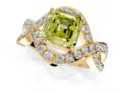 Halo Engagement Ring Setting for Fancy Yellow Asscher Cut Center with Pave Infinity Twist Band and Prong Head in Yellow Gold