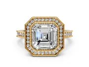 Halo Engagement Ring Setting for Asscher Cut Center with Milgrain Pave Band and Bezel Head in Yellow Gold