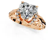 Solitaire Engagement Ring Setting for Heart-Shaped Center with Filigree Accent Basket and Prong Head in Rose Gold