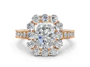 Halo Engagement Ring Setting for Radiant Cut Center with Milgrain Channel Band and Prong Head in Rose Gold