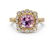 Milgrain Halo Engagement Ring Setting for Fancy Pink Cushion Cut Center with Bezel Point Accents and Prong Head in Yellow Gold