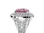 Double Halo Engagement Ring Setting for Fancy Pink Radiant Cut Center with Narrow Pave Split Shank and Prong Head in White Gold