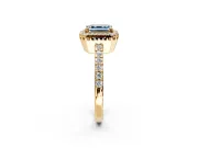 Halo Engagement Ring Setting for Fancy Blue Asscher Cut Center with Inner Milgrain Border and Prong Head in Yellow Gold
