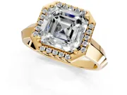 Halo Engagement Ring Setting for Asscher Cut Center with Knife Ridge Cathedral Band and Prong Head in Yellow Gold