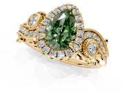 Milgrain Halo Engagement Ring Setting for Fancy Green Pear-Shaped Center with Shoulder Bezels and Prong Head in Yellow Gold