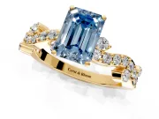 Solitaire Engagement Ring Setting for Fancy Blue Emerald Cut Center with Bar-Station Pave Twist and Prong Head in Yellow Gold