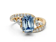 Solitaire Engagement Ring Setting for Fancy Blue Emerald Cut Center with Pave Bypass Twist Band and Prong Head in Yellow Gold