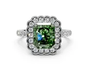 Milgrain Floral Halo Engagement Ring Setting for Fancy Green Radiant Cut Center with Pave Band and Prong Head in White Gold