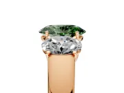 3 Stone Engagement Ring Setting for Fancy Green Oval Center with Raised Basket Heads and Prong Head in Rose Gold