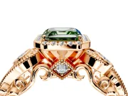 Milgrain Halo Engagement Ring Setting for Fancy Green Asscher Cut Center with Shoulder Bezels and Prong Head in Rose Gold