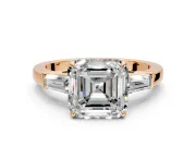 3 Stone Engagement Ring Setting for Asscher Cut Center with Baguette Accents and Prong Head in Rose Gold