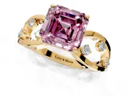 Solitaire Engagement Ring Setting for Fancy Pink Asscher Cut Center with Criss-Cross Accent Band and Prong Head in Yellow Gold