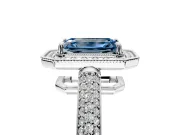 Milgrain Halo Engagement Ring Setting for Fancy Blue Emerald Cut Center with Three-Sided Pave Band and Prong Head in Platinum