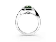 Bezel-Framed Halo Engagement Ring Setting for Fancy Green Radiant Cut Center with Pave Band and Prong Head in Platinum