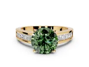 Solitaire Engagement Ring Setting for Fancy Green Round Cut Center with Princess Cut Channel Band and Prong Head in Yellow Gold