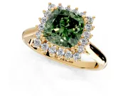 Starburst Halo Engagement Ring Setting for Fancy Green Cushion Cut Center with Thin Round-Wire Band and Prong Head in Yellow Gold