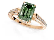 Cathedral Engagement Ring Setting for Fancy Green Emerald Cut Center with Antique-Style Pave Band and Prong Head in Rose Gold