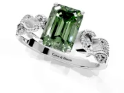 Leaf Engagement Ring Setting for Fancy Green Emerald Cut Center with Milgrain Accent Band and Prong Head in Platinum