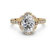 Halo Engagement Ring Setting for Oval Center with Openwork Halo, Pave Band and Prong Head in Yellow Gold