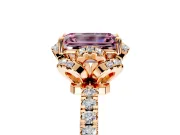 Halo Engagement Ring Setting for Fancy Pink Emerald Cut Center with Openwork Halo, Pave Band and Prong Head in Rose Gold