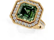 Halo Engagement Ring Setting for Fancy Green Asscher Cut Center with Milgrain Frame, Pave Band and Prong Head in Yellow Gold