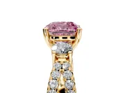 3 Stone Engagement Ring Setting for Fancy Pink Cushion Cut Center with Pave Split Shank and Prong Head in Yellow Gold