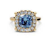 Single Halo Engagement Ring Setting for Fancy Blue Cushion Cut Center with Corner Claws, Plain Band and Prong Head in Yellow Gold