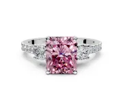 3 Stone Engagement Ring Setting for Fancy Pink Radiant Cut Center with Round Cut Side Accents and Prong Head in Platinum