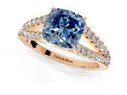Solitaire Engagement Ring Setting for Fancy Blue Cushion Cut Center with Pave Split Shank and Prong Head in Rose Gold