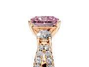 3 Stone Engagement Ring Setting for Fancy Pink Radiant Cut Center with Pave Split Shank and Prong Head in Rose Gold