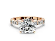 Baguette Engagement Ring Setting for Heart-Shaped Center with Alternating Bar-Set Band and Prong Head in Rose Gold