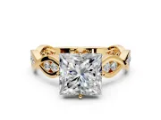 Solitaire Engagement Ring Setting for Princess Cut Center with Accented Twist Band and Leaf Prong Head in Yellow Gold