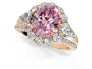 Halo Engagement Ring Setting for Fancy Pink Oval Center with Two-Strand Split Shank and Prong Head in Rose Gold