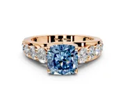 Solitaire Engagement Ring Setting for Fancy Blue Cushion Cut Center with Graduated Shared Prongs and Prong Head in Rose Gold