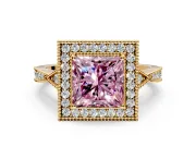 Halo Engagement Ring Setting for Fancy Pink Princess Cut Center with Milgrain Rim, Pave Band and Prong Head in Yellow Gold