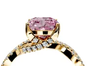 Solitaire Engagement Ring Setting for Fancy Pink Cushion Cut Center with Narrow Twist Pave Band and Prong Head in Yellow Gold