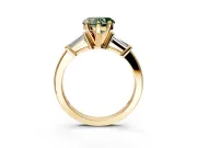3 Stone Engagement Ring Setting for Fancy Green Heart-Shaped Center with Channel Baguette Accents and Prong Head in Yellow Gold