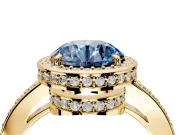 Halo Engagement Ring Setting for Fancy Blue Round Cut Center with Metal-Rimmed Halo, Pave Band and Prong Head in Yellow Gold