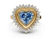 Halo Engagement Ring Setting for Fancy Blue Heart-Shaped Center with Milgrain Bezel Rim, Plain Band and Prong Head in Yellow Gold