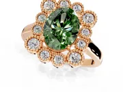 Cluster Halo Engagement Ring Setting for Fancy Green Oval Center with Milgrain Bezel Accents and Prong Head in Rose Gold