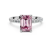 Solitaire Engagement Ring Setting for Fancy Pink Emerald Cut Center with Fine Pave Narrow Band and Prong Head in Sterling Silver