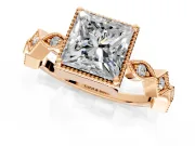 Milgrain Bezel Engagement Ring Setting for Princess Cut Center with Marquise Stations and Bezel Head in Rose Gold