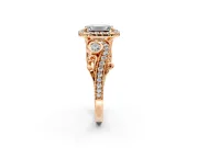 Milgrain Halo Engagement Ring Setting for Emerald Cut Center with Shoulder Bezels and Prong Head in Rose Gold